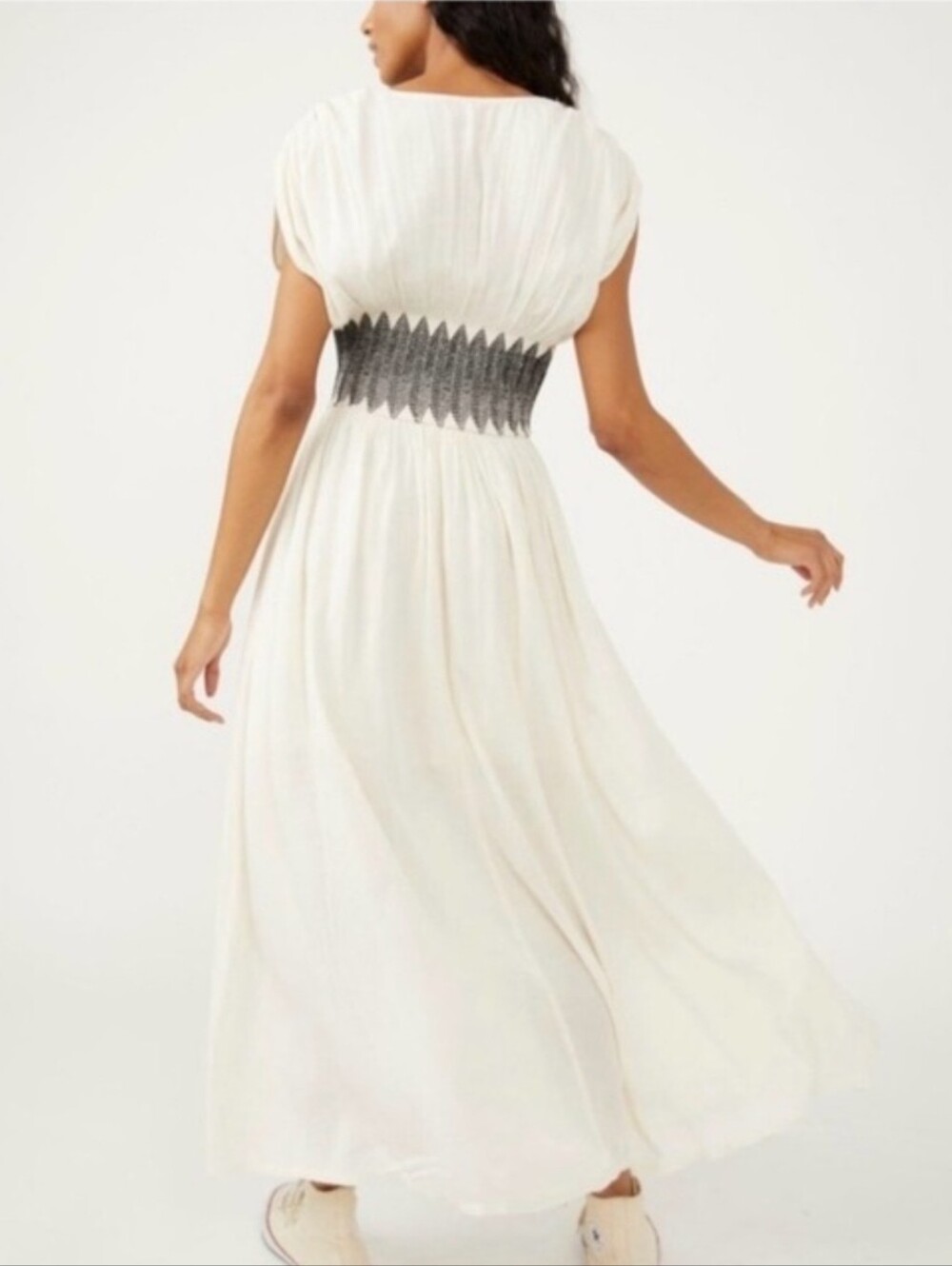 FP Ivory Maxi Dress with Black Embroidered Smocked Waist